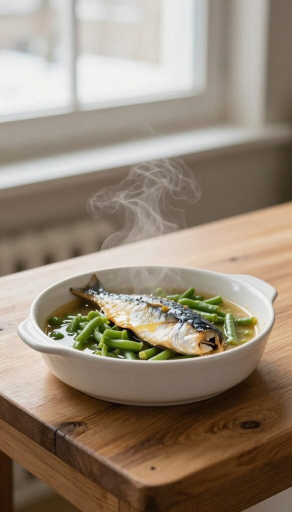 Homemade mackerel and green bean casserole for dogs in a baking dish, warm and steamy.