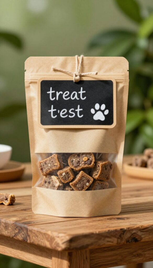 Biodegradable pouch with chalkboard label for dog treat packaging
