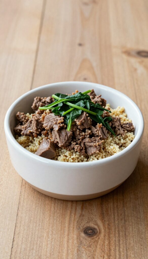 Homemade lamb and quinoa dog food bowl with spinach, served in a ceramic bowl on a wooden table.