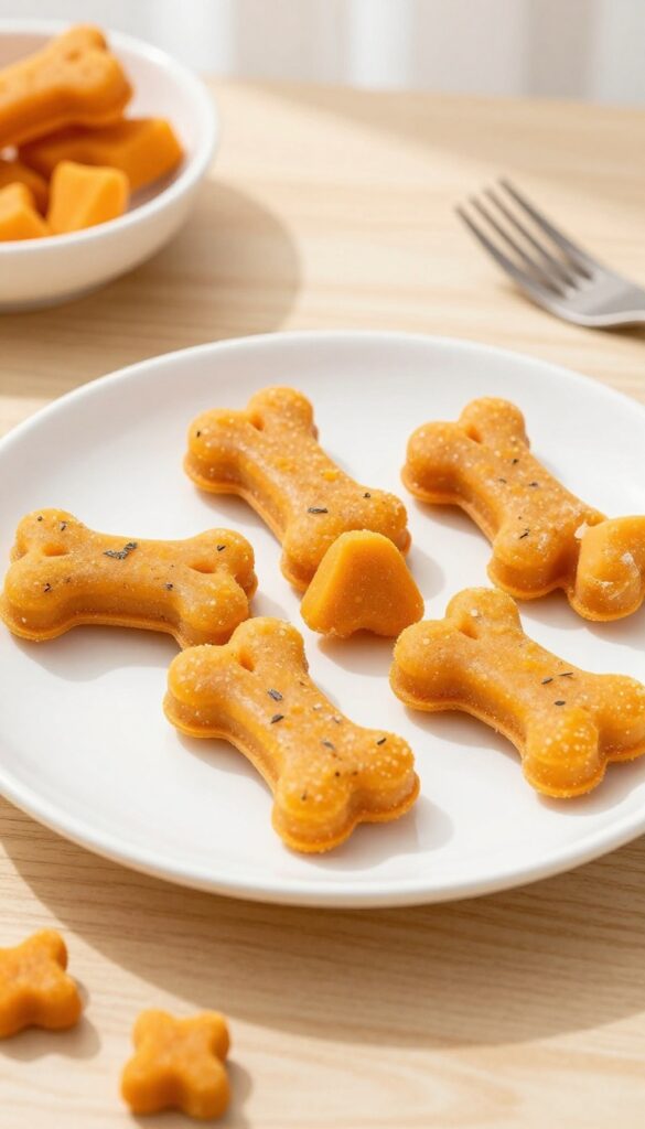 Homemade frozen dog treats made with trout and pumpkin, shaped in bone silicone molds on a wooden table.