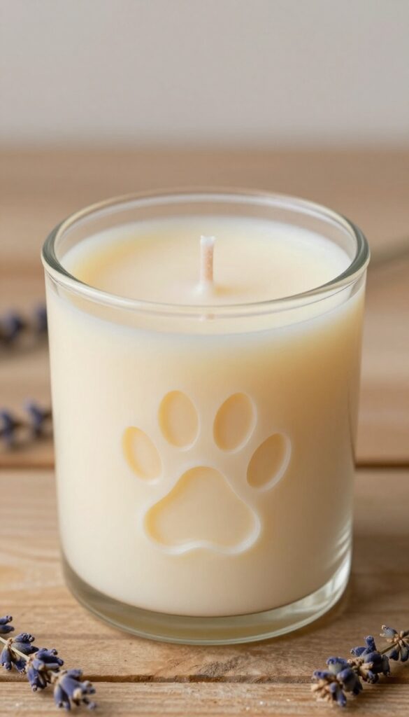 DIY paw print candle with detailed paw impression on top, warm lighting, memorial keepsake