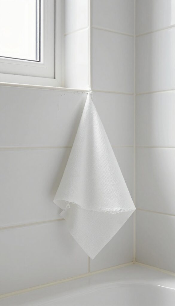 A paper towel soaked in hydrogen peroxide pressed against mildewed caulk in a bathroom corner, with bubbles forming, in bright natural light.