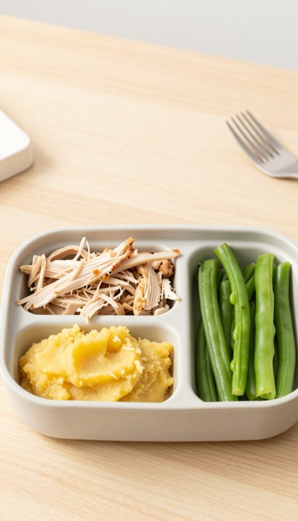Dog bento box with shredded chicken, mashed sweet potato, and green beans