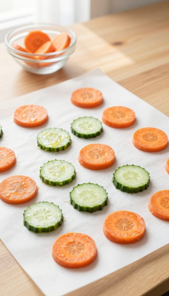 Homemade cucumber and carrot crunchy coins for dogs arranged on a baking sheet, ready to dehydrate or bake.