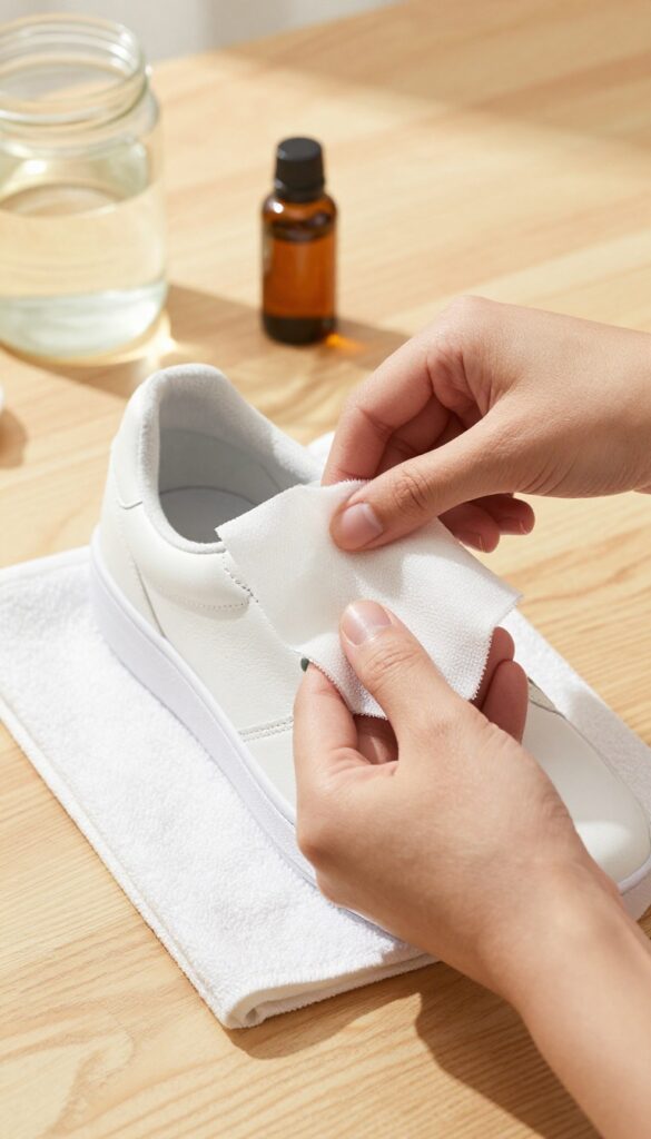 Hand wiping inside of a white sneaker with a DIY freshening wipe, with tea tree oil and jar in background
