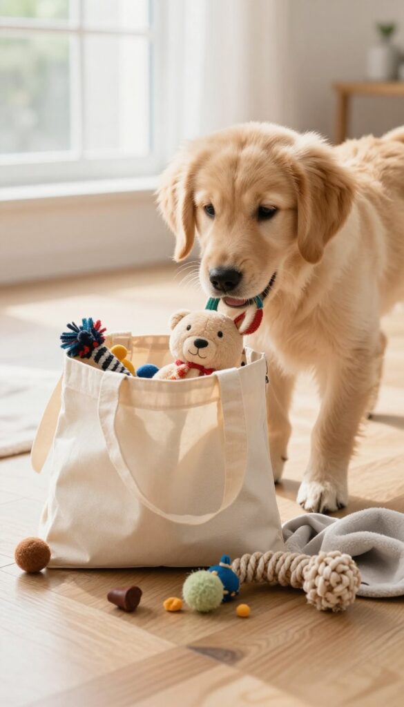 Dog pulling a toy out of a gift-filled goodie bag in a bright living room