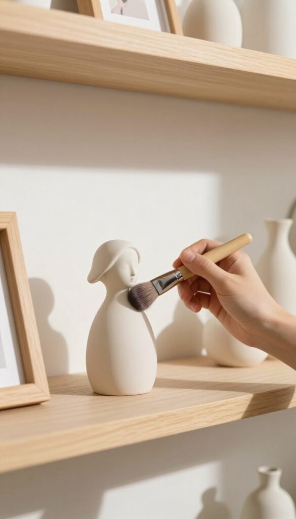 Hand dusting a ceramic figurine with a makeup brush on a shelf