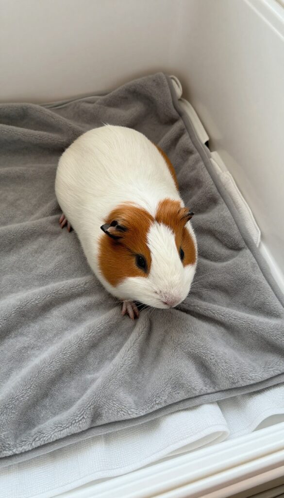 Guinea pig cage with DIY fleece liner made from old blankets, layered over towels, with a guinea pig sitting on top.