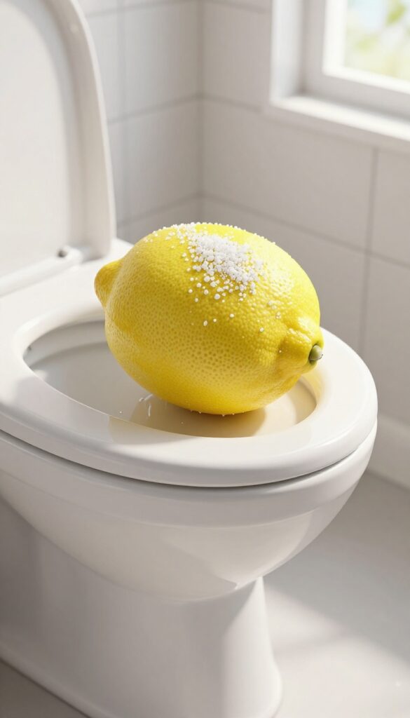 Lemon and coarse salt scrub on a clean white toilet bowl for natural cleaning.