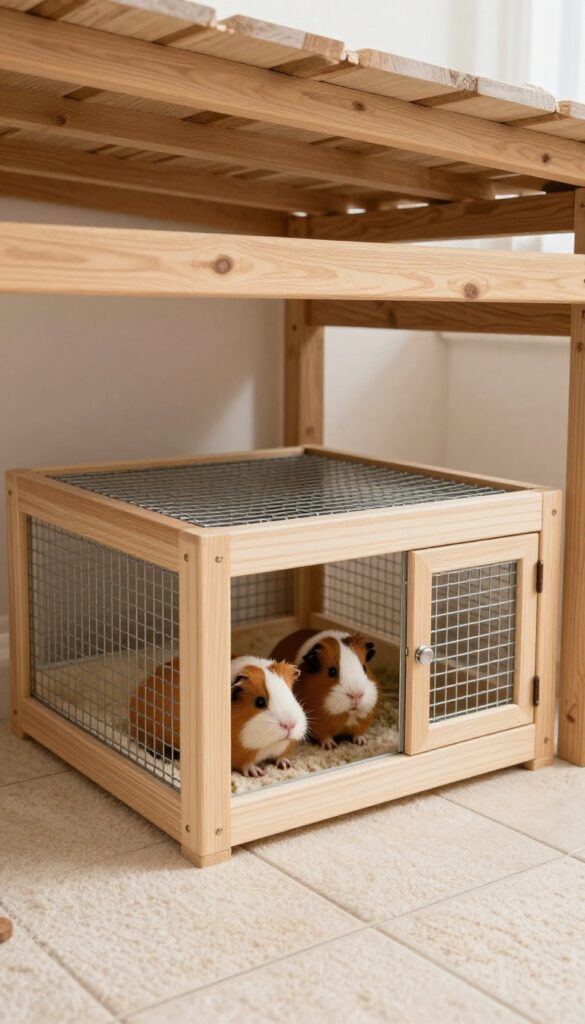 Guinea pig under-deck enclosure with cool tile flooring and wire mesh