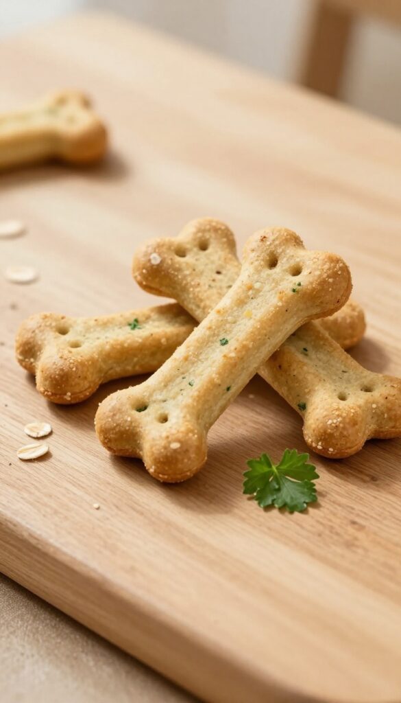 A pile of homemade crunchy bison dog biscuits on a wooden table, with parsley and oat flakes nearby.