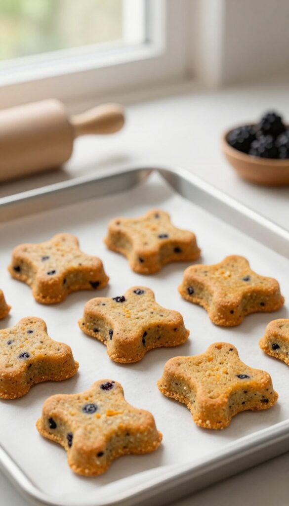 Homemade blackberry and pumpkin soft chewy dog treats on a baking sheet, with visible blackberry flecks and a rustic kitchen setting.