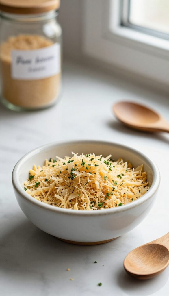 Homemade cheesy herb dog treat dust in a bowl with a wooden spoon on a marble countertop, natural light, photorealistic pet food photography.