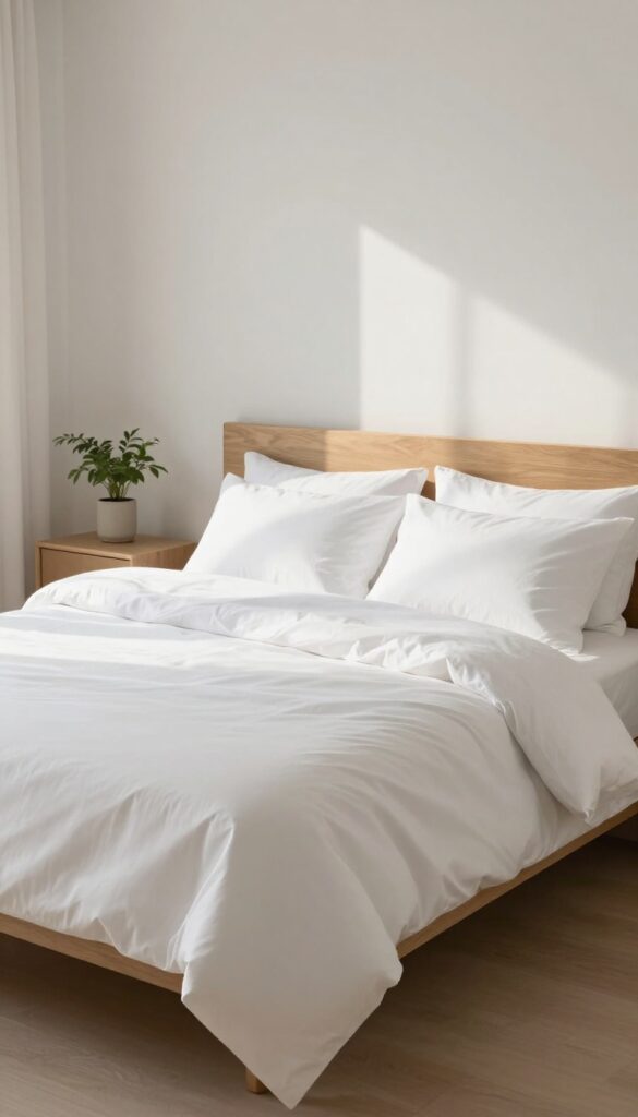 A neatly made bed in a bright, clean bedroom with natural light, fluffy pillows, and minimal decor.