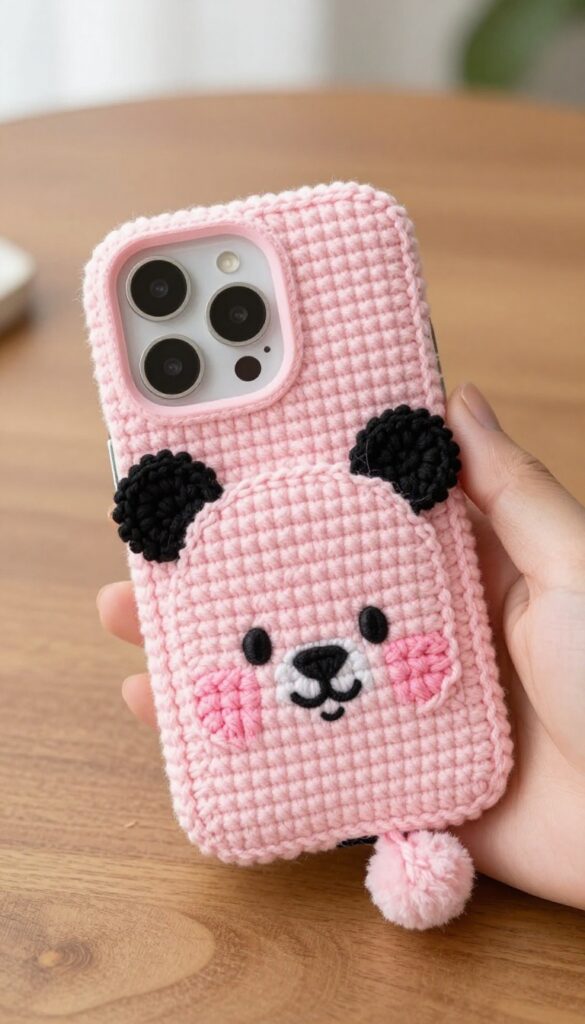 Handmade crochet guinea pig phone case with embroidered face and pom-pom tail in bright natural light