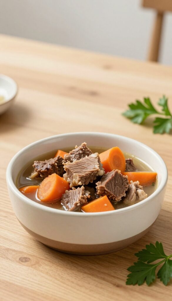 Homemade venison and carrot stew for dogs served over kibble in a ceramic bowl, natural lighting, pet food photography.