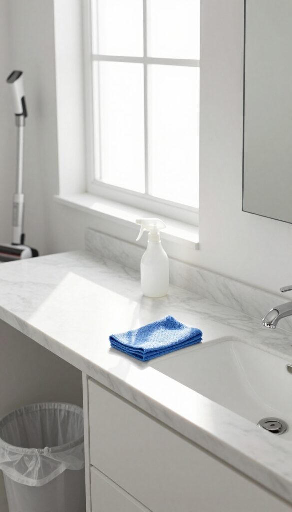 A person wiping a bathroom counter with a microfiber cloth, with cleaning tools nearby in a sunlit, tidy bathroom.
