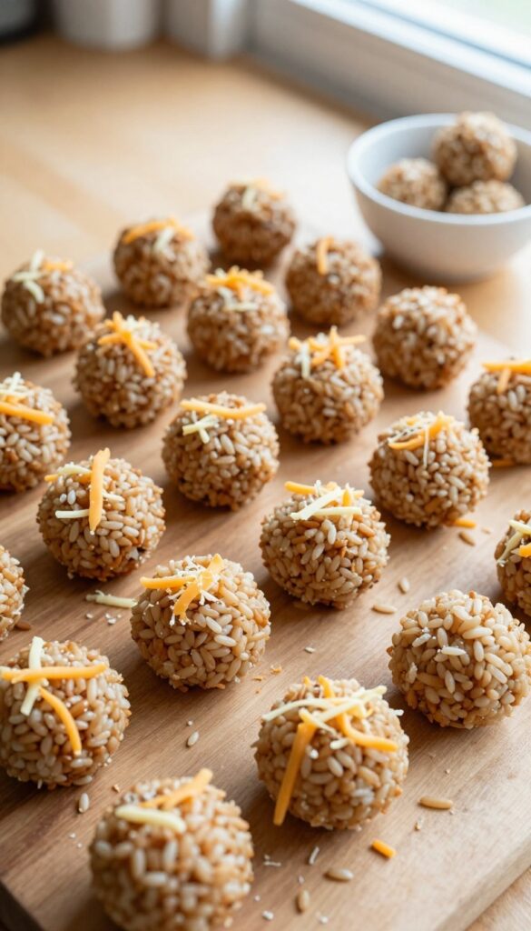 Homemade dog treat balls made with brown rice and cheddar cheese on a wooden surface, soft natural lighting, pet food photography.