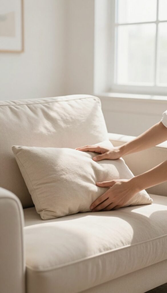 Hands fluffing a sofa cushion in a bright living room