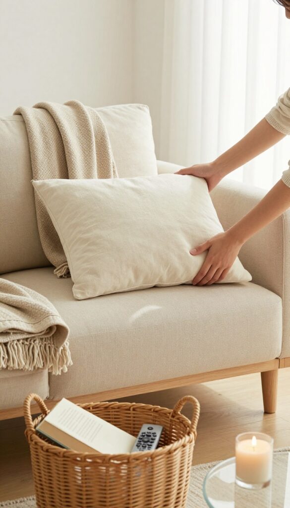 Evening tidy-up routine in a clean living room with pillows and blankets neatly arranged