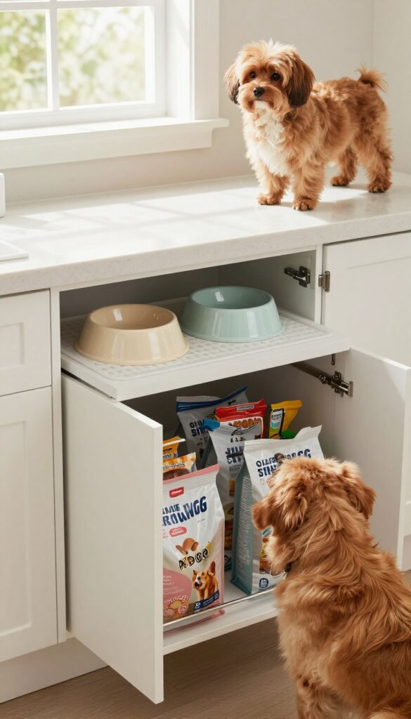 Built-in feeding station with raised bowls and pull-out storage drawers in a bright laundry room
