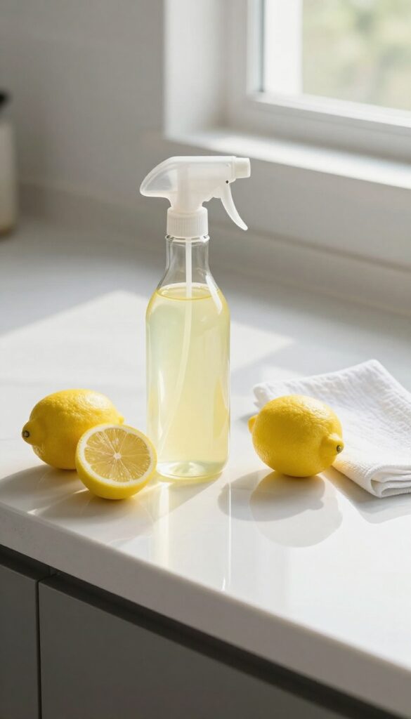 Lemon juice spray bottle on clean kitchen counter with fresh lemons and natural light