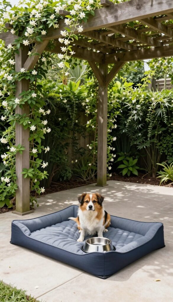 Shaded garden rest spot with pergola, dog bed, and water bowl for safe outdoor dog comfort.