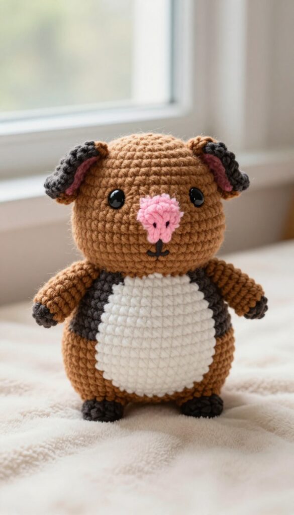 Handmade crochet guinea pig amigurumi toy with brown, white, and black yarn, resting on a cream blanket in natural light.