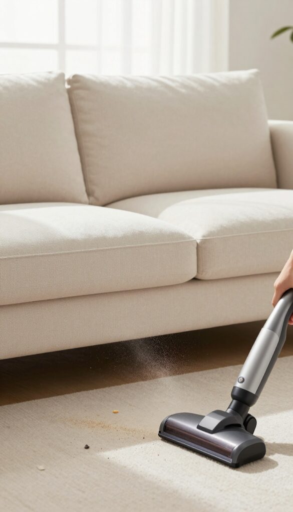 Person lifting sofa cushion to vacuum crevices in bright living room