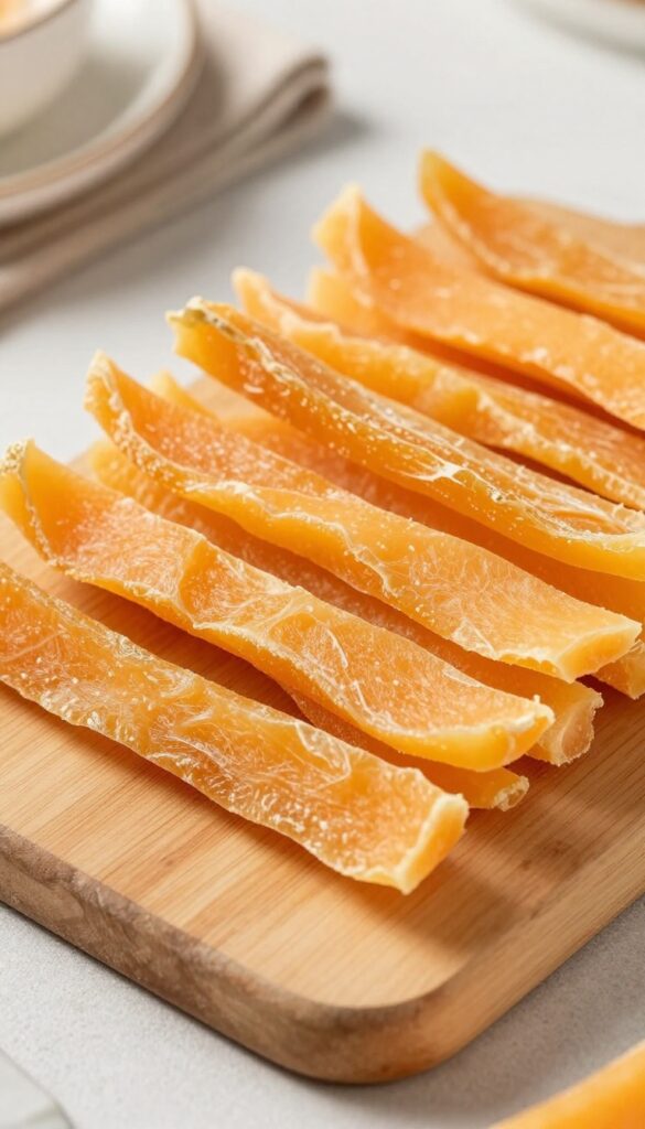 Dehydrated cantaloupe chews for dogs arranged on a wooden cutting board in natural light.
