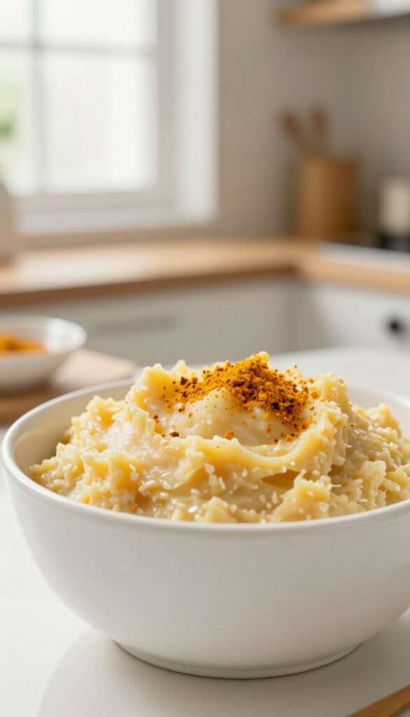 Homemade sweet potato and oatmeal dog food topper in a bowl, warm and creamy, for sensitive stomachs.