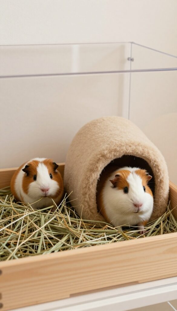 Guinea pig cage with divided hay bar and hideout