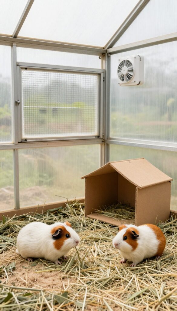 Greenhouse conversion for guinea pigs with natural light, mesh ventilation, fleece flooring, and hidey house.