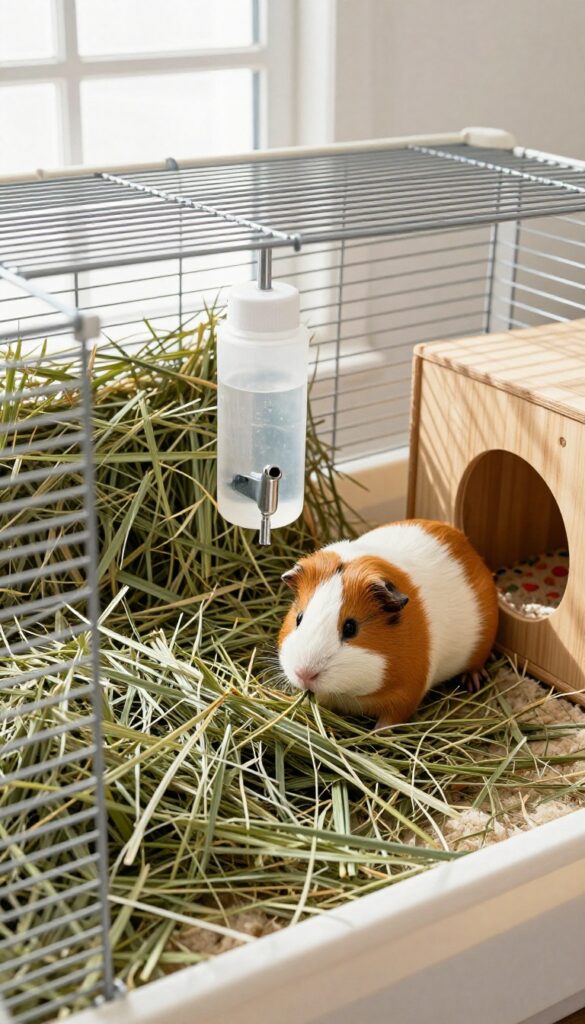Guinea pig eating hay from a wall-mounted hay rack next to a water bottle on a cage wall in a bright room