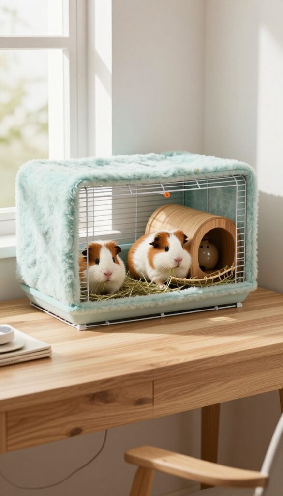 Guinea pig cage placed under a desk in a home office, with fleece bedding, hideouts, and two guinea pigs inside.