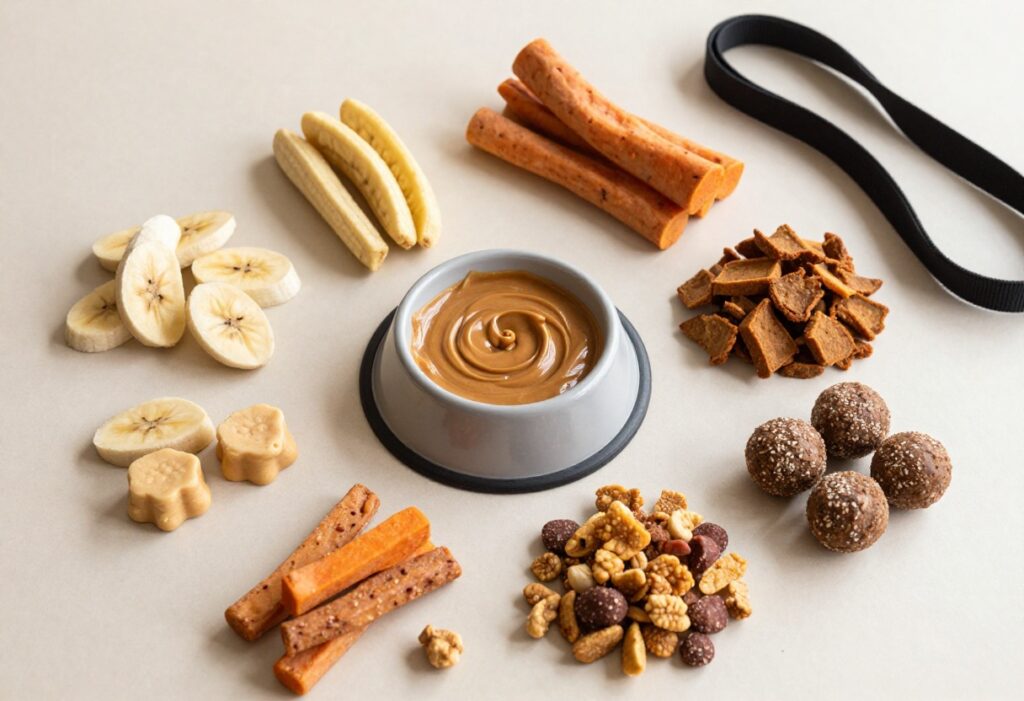 Homemade dog treats for road trips arranged on a table with a travel bowl and leash.