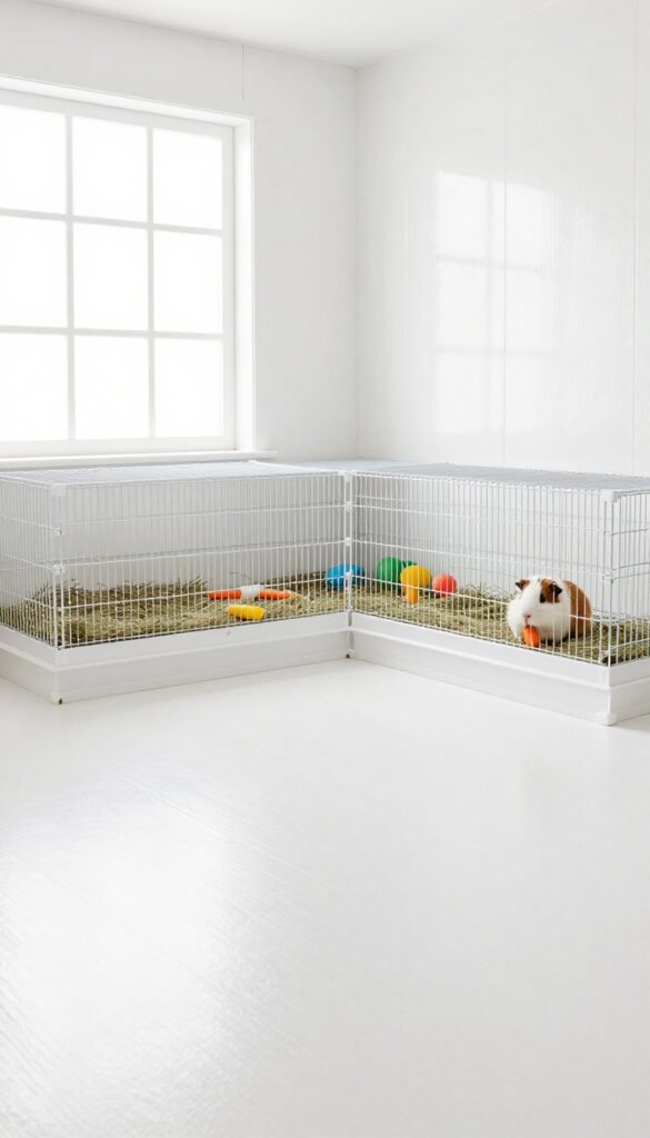 Guinea pig room with easy-to-clean white PVC wall panel behind a wire cage, guinea pig eating carrot, bright natural light, clean composition.