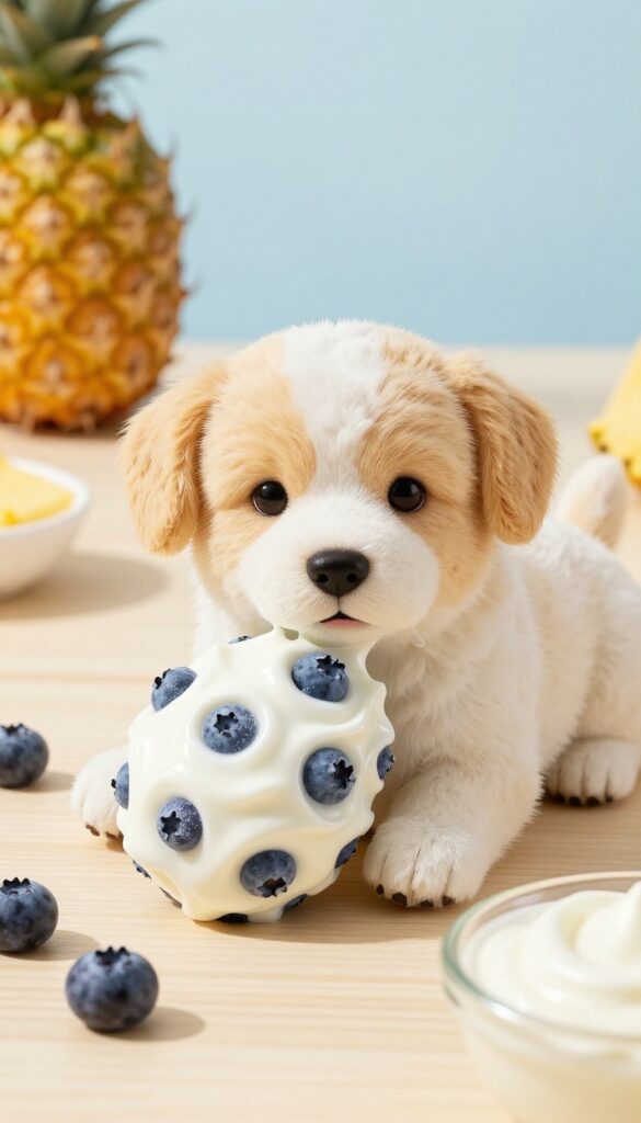 Close-up of a dog's stuffable toy filled with a frozen yogurt and blueberry swirl, on a wooden surface with fresh blueberries and yogurt bowl.