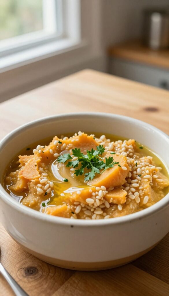 Homemade sweet potato and barley mash for dogs in a ceramic bowl, topped with bone broth and parsley.