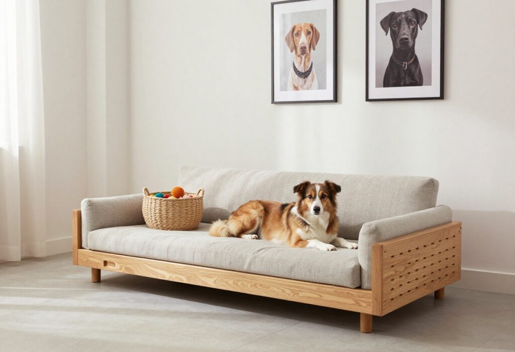 Modern living room with elevated dog bed, toy basket, and gallery wall of pet portraits.
