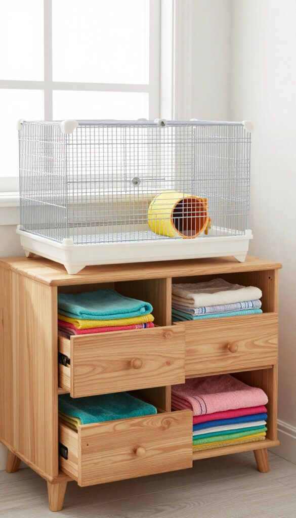 Repurposed low dresser with open drawers showing folded fleece liners, next to a guinea pig cage with play zone, bright natural light.