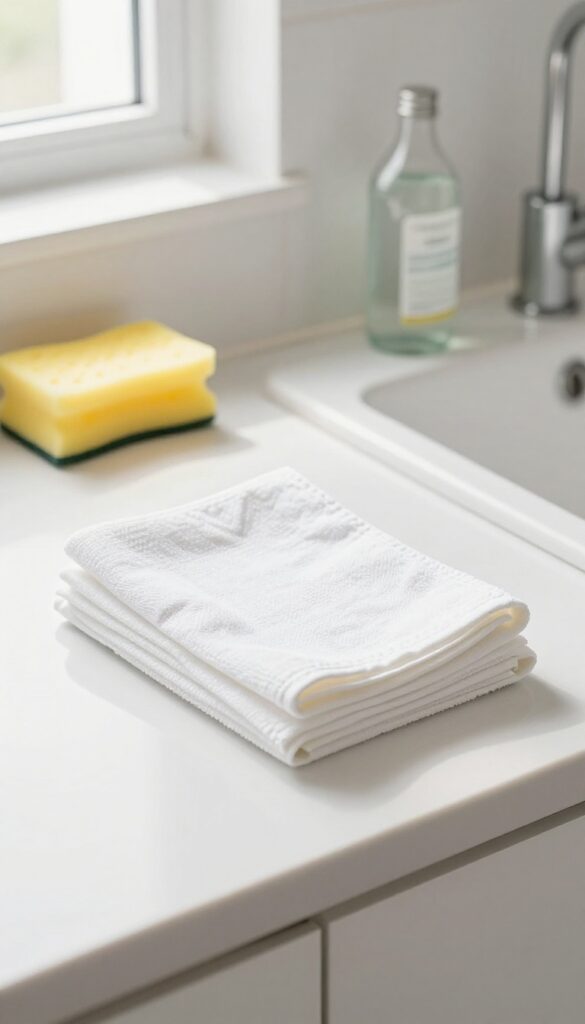Clean kitchen towels and a fresh sponge on a counter