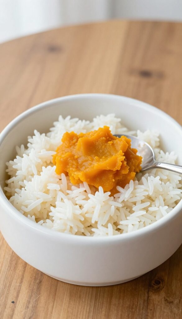Homemade butternut squash and rice dog food bowl in a white ceramic bowl on a wooden table, natural lighting, photorealistic pet food photography.