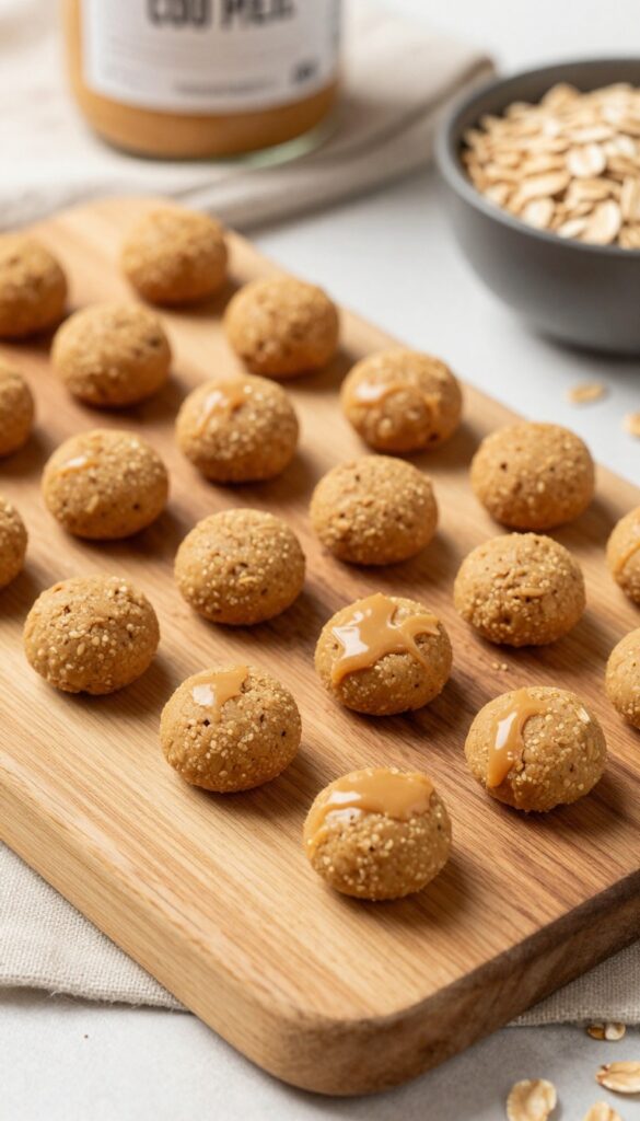 Homemade no-bake peanut butter and oat dog treats arranged on a wooden board, with ingredients in the background.