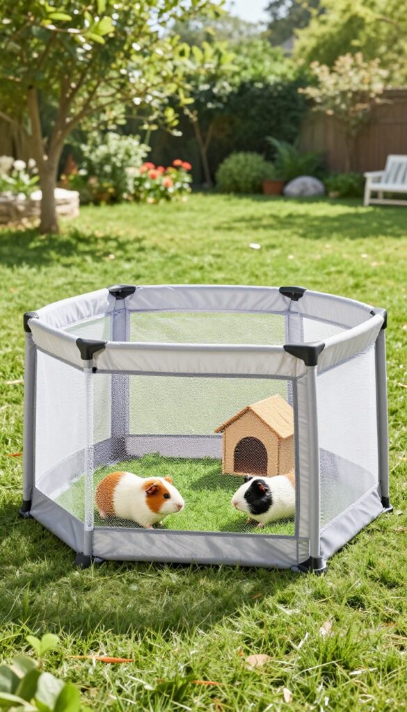 Portable pop-up playpen with guinea pigs on grass in sunny backyard
