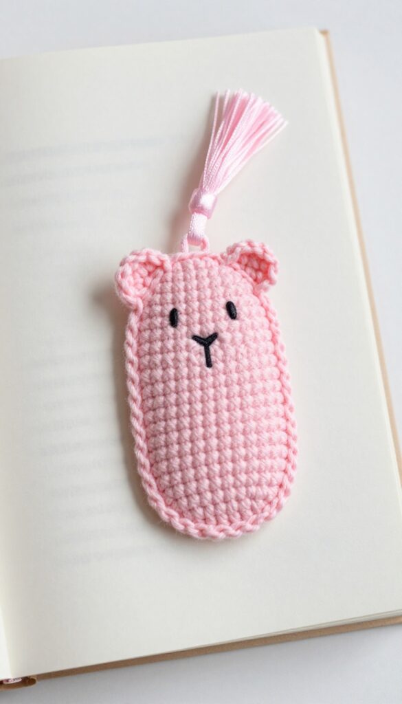 Crochet guinea pig bookmark on an open book