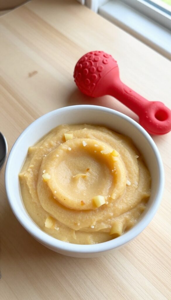 Homemade sweet potato and apple puree for dog stuffable toys, served in a bowl and filling a red rubber toy, on a wooden table with natural light.