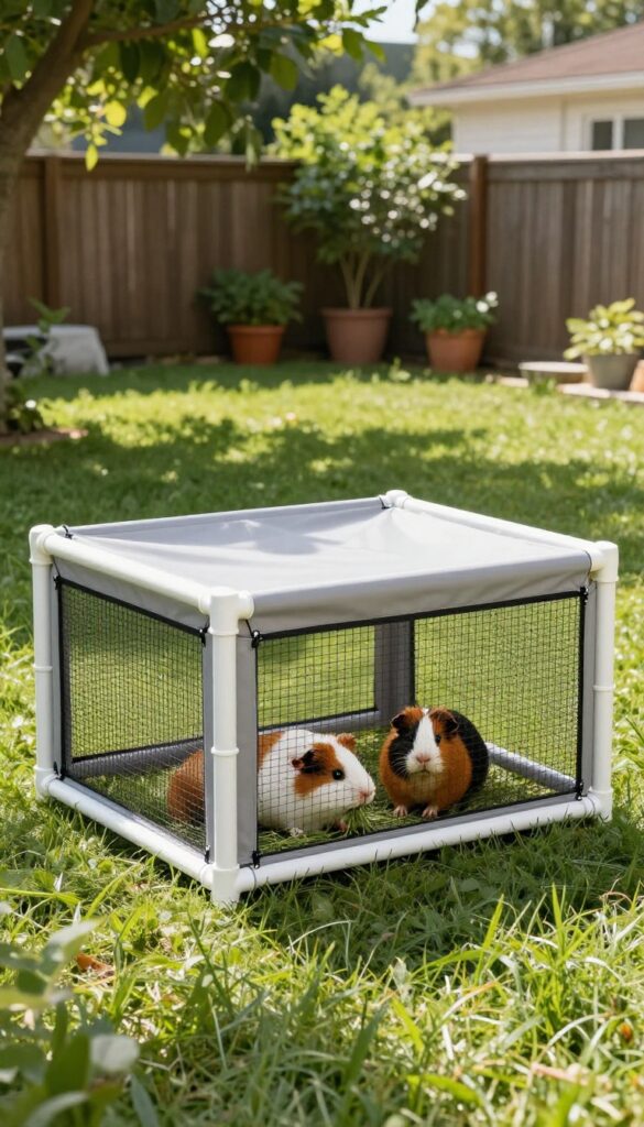 Outdoor guinea pig cage made from PVC pipe frame with shade cloth and mesh, set on grass in a sunny backyard.