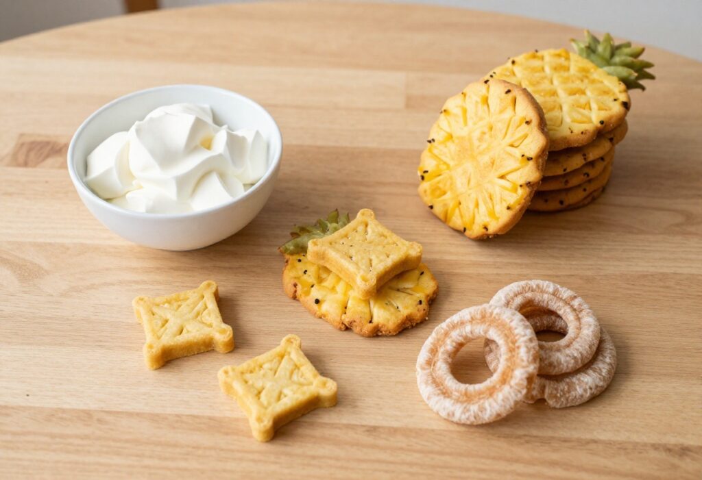 Homemade pineapple dog treats including frozen yogurt bites, baked biscuits, and dehydrated rings on a wooden table.