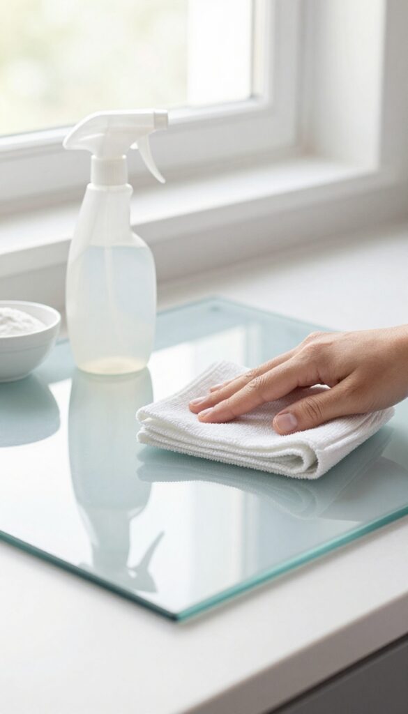 Clean glass stovetop being wiped with a microfiber cloth, vinegar and baking soda nearby